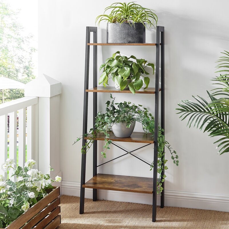 Rustic Brown Steel Etagere Bookcase Four Open Shelves Provide Plenty of Space to Store Perfect for Storing any Items