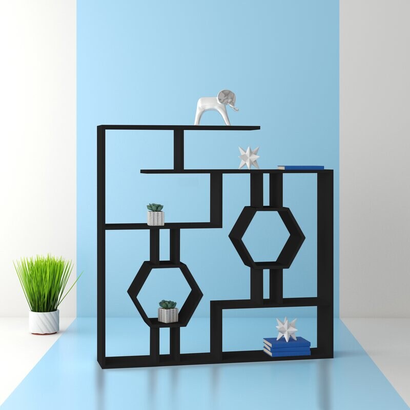 Black Geometric Bookcase Great for Framed Photos, Potted Plants, Artful Accents two Octagonal Shelves and Rectangular Shelve Different Sizes