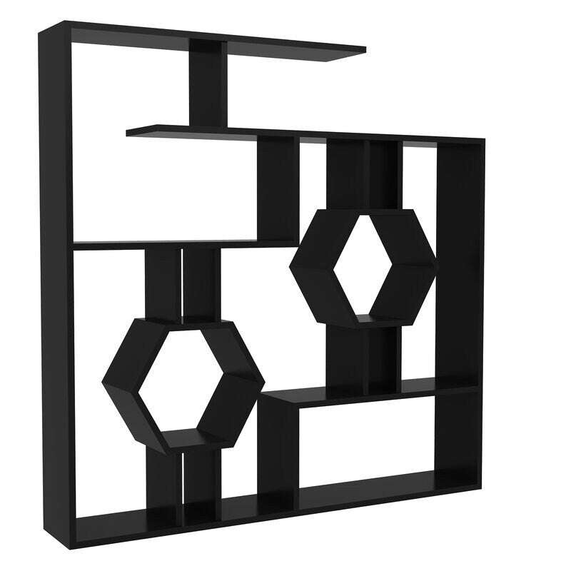 Black Geometric Bookcase Great for Framed Photos, Potted Plants, Artful Accents two Octagonal Shelves and Rectangular Shelve Different Sizes
