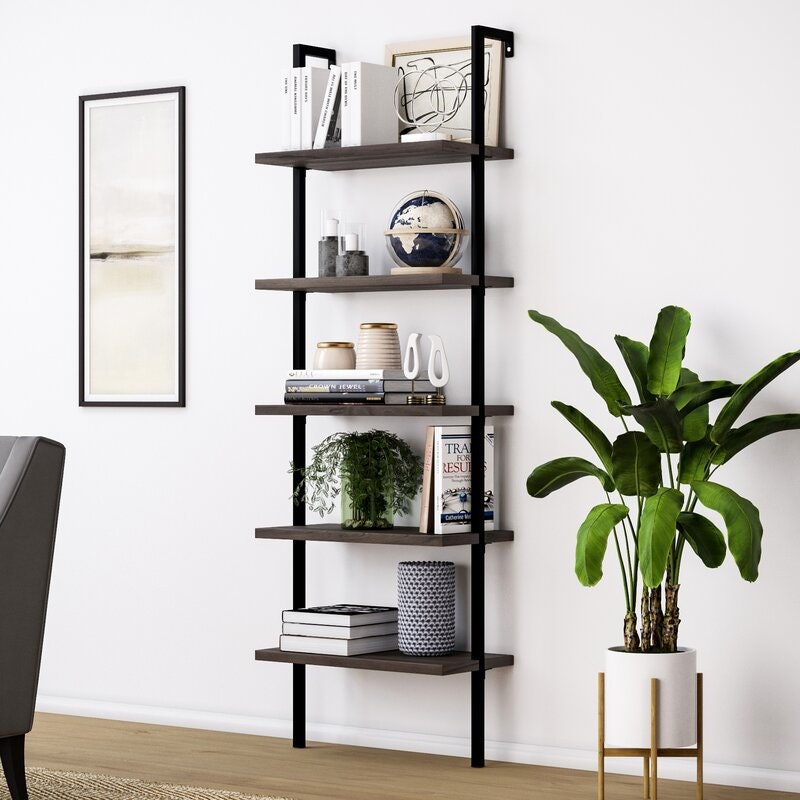 Dark Walnut Brown Wood, Black Metal Frame Steel Ladder Bookcase 5-Tier Bookcase Fit your Home Office or Living Room. The Open-Shelving