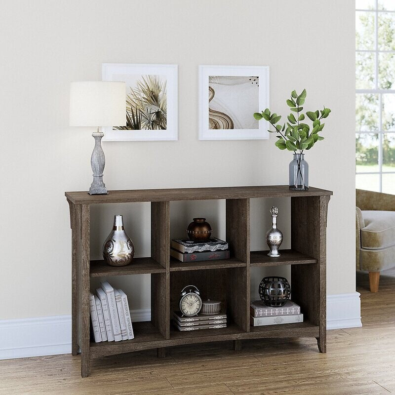 Ash Brown Cube Bookcase Provides a Place To Put Framed Family Photos, Potted Plants Six Open Compartments for Display Space