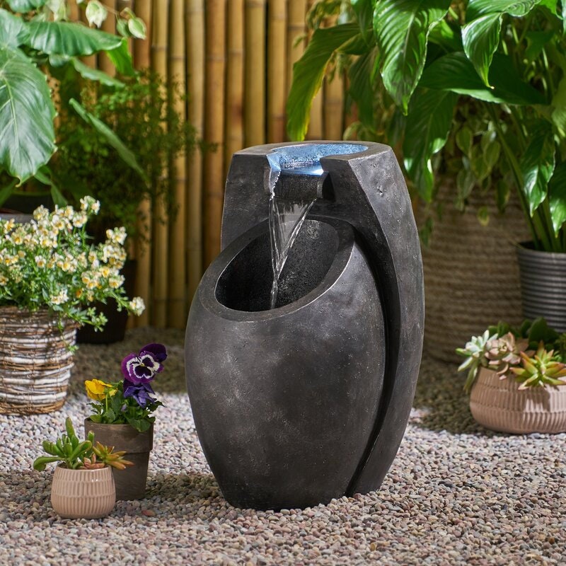 Resin Fountain with LED Light Great your Outdoor Space to the Fullest with Stunning Modern Style and Peaceful Nature Sounds