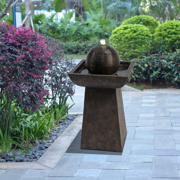 Polyresin Pedestal Fountain with LED Light Add Modern Charm to your Lawn with the Elegant Outdoor Pedestal and Orb Waterfall Fountain