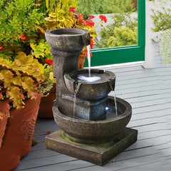 Resin Outdoor Waterfall Relaxing Soothing Fountain with Light 3-Tier Bowl Garden Fountain is Suitable for Decor Indoor and Outdoor