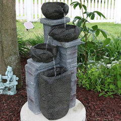 Polystone Solar Fountain with Light Flows from the Top Bowl Down to The Bottom Bowl Carved Water Fountain to any Outdoor Space