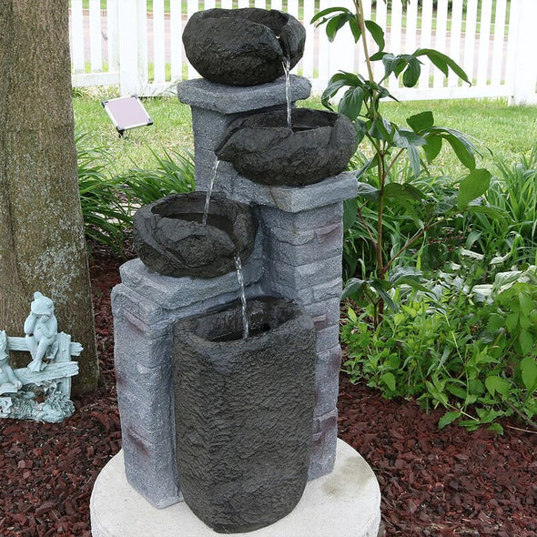 Polystone Solar Fountain with Light Flows from the Top Bowl Down to The Bottom Bowl Carved Water Fountain to any Outdoor Space