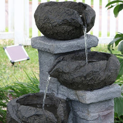 Polystone Solar Fountain with Light Flows from the Top Bowl Down to The Bottom Bowl Carved Water Fountain to any Outdoor Space