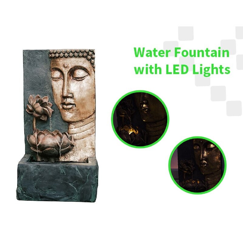 Resin Cascading Lotus Buddha  illuminate your Indoor or Outdoor Décor at Night with this Buddha Face Water Fountain with LED Lights