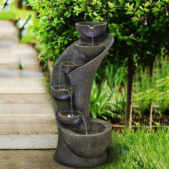 Resin Outdoor Garden Outside Fountain with Light Curved Shape with 6 Bowls, Decor with LED Lights in Each Bowl, Vintage Yet Modern