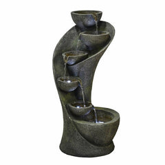 Resin Outdoor Garden Outside Fountain with Light Curved Shape with 6 Bowls, Decor with LED Lights in Each Bowl, Vintage Yet Modern