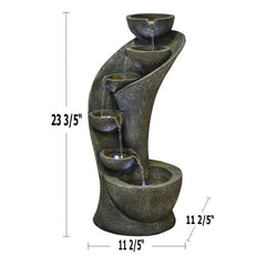 Resin Outdoor Garden Outside Fountain with Light Curved Shape with 6 Bowls, Decor with LED Lights in Each Bowl, Vintage Yet Modern