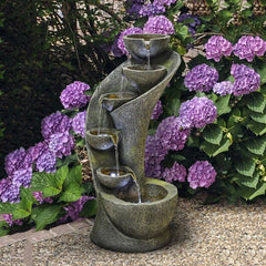 Resin Outdoor Garden Outside Fountain with Light Curved Shape with 6 Bowls, Decor with LED Lights in Each Bowl, Vintage Yet Modern