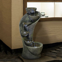 Resin Outdoor Garden Outside Fountain with Light Curved Shape with 6 Bowls, Decor with LED Lights in Each Bowl, Vintage Yet Modern