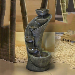 Resin Outdoor Garden Outside Fountain with Light Curved Shape with 6 Bowls, Decor with LED Lights in Each Bowl, Vintage Yet Modern
