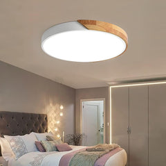 ViKaey Modern LED Ceiling Light, Minimalist Wood Style Flush Mount Ceiling Light Fixture, Circle Lighting Lamp withLampshade (White, 15.8'')