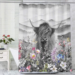 Highland Cow Shower Curtain 59.8 x 71.7 Inches Black and White Flower Pattern