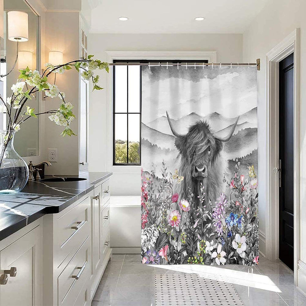Highland Cow Shower Curtain 59.8 x 71.7 Inches Black and White Flower Pattern