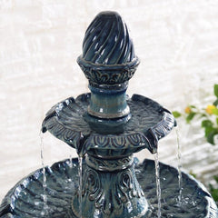 Teal Ceramic Shiloh Fountain 3-Tiered Fountain. The Water Gently Emerges From The Top Bubbler Before Falling Into Three Tiers