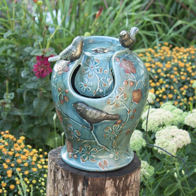 Ceramic Verdigris Songbird Fountain Light Songbirds Dance Along The Edge Of The Light  Two Lovely Birds Perched On Top Of The Fountain