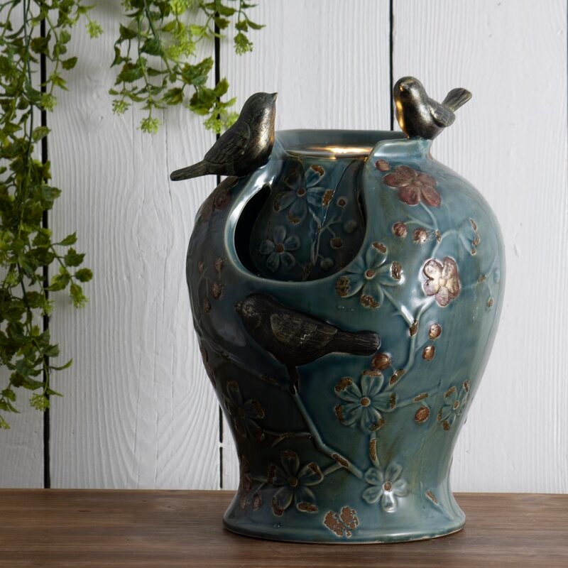 Ceramic Verdigris Songbird Fountain Light Songbirds Dance Along The Edge Of The Light  Two Lovely Birds Perched On Top Of The Fountain