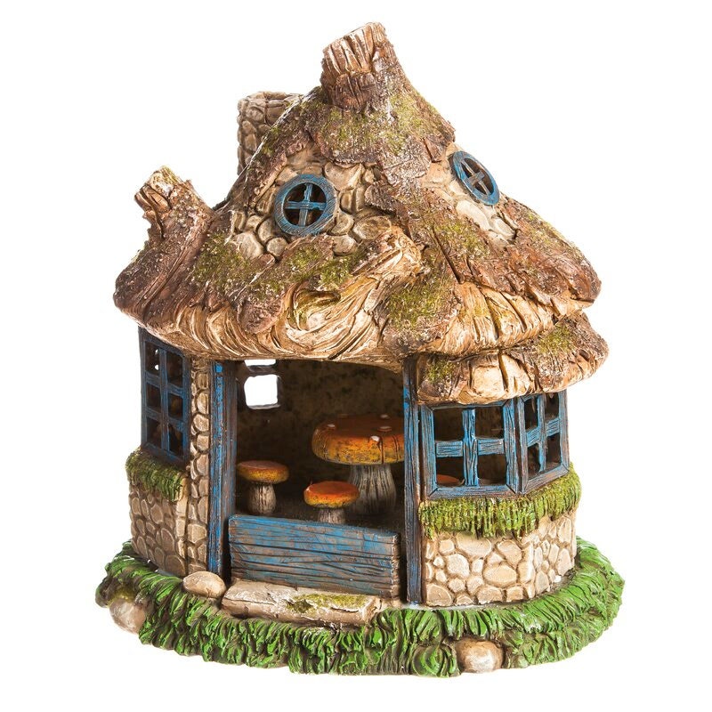 Solar Powered Lawn Ornament Wooden Table and Chairs Inside. The Outside Lantern and Windows Glow At Night with a Ligh