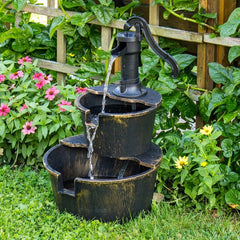Resin 2-Tier Barrel Fountain Two-Tier Bucket Fountain Brushed Antiqued Bronze Powder Coated Finish Pump Handle