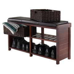 Winsome Wood Colin Storage Bench, Seat Cushion & 2 Foldable Chocolate Corn Husk Baskets, Cappuccino Finish