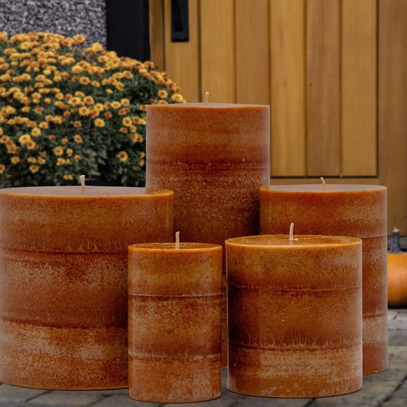 Pumpkin Scented Pillar Candle fragrances. Decorate for The Holidays with This Beautifully Mottled Fall Candle While Enjoying The Rich Aroma
