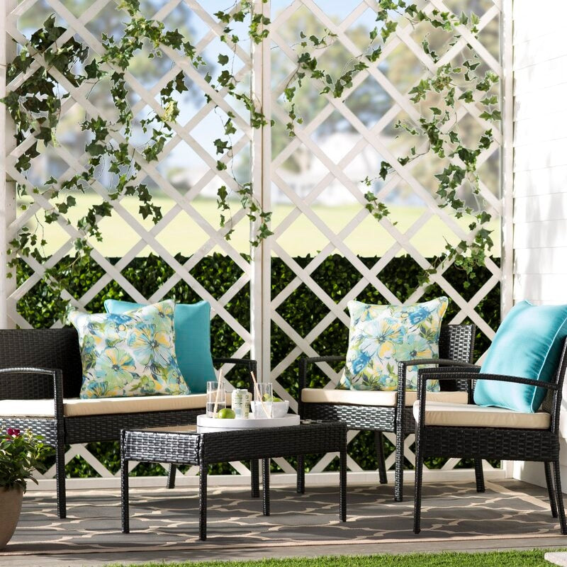 Off-White/Ivory 4 Person Seating Group with Cushions Your Outdoor Hangout Space Our-Piece Patio Conversation Set Rectangular Coffee Table