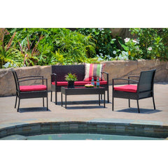 Bright Red 4 Person Seating Group with Cushions Update Your Outdoor Hangout Space Our-Piece Patio Conversation Set Rectangular Coffee Table