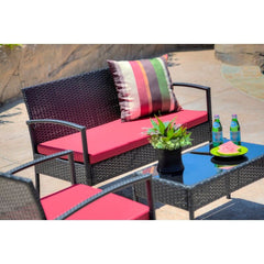 Bright Red 4 Person Seating Group with Cushions Update Your Outdoor Hangout Space Our-Piece Patio Conversation Set Rectangular Coffee Table