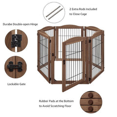 Walnut Free Standing Pet Gate as Panels Extra Wide Gate, Z/U Shape Stairs Barrier, Solid Structure Playpen with a Lockable Door