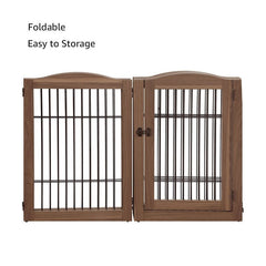 Walnut Free Standing Pet Gate as Panels Extra Wide Gate, Z/U Shape Stairs Barrier, Solid Structure Playpen with a Lockable Door