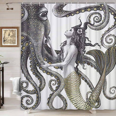Mermaid and Octopus Shower Curtain, Abstract Ocean Nautical Fantasy Animals Decorative  69x70in
