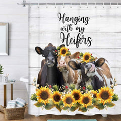 Farm Animal Cow Shower Curtain, Cute Cattle Flowers Funny Quote Shower Curtain, Rustic Wooden Farmhouse Fabric Shower Curtain for Bathroom K