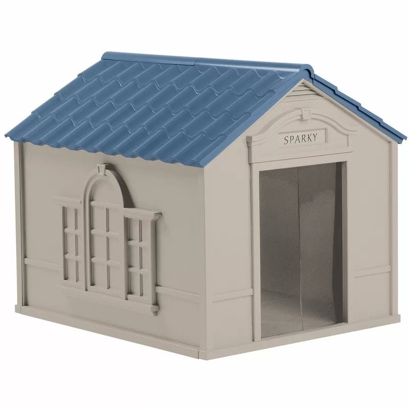 Taupe and Blue Plastic Dog House Dog House is made from durable plastic. The dog house is designed to be staked into the ground to ensure