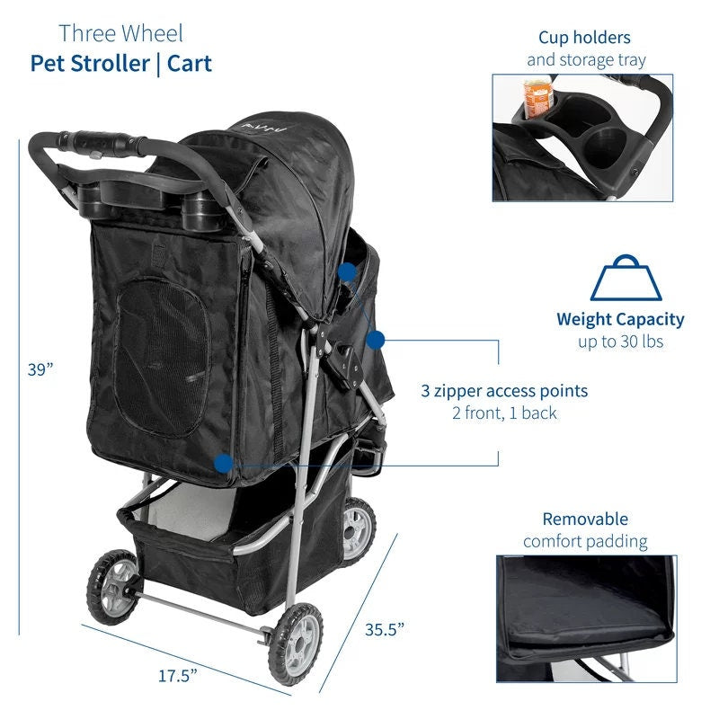 Folding Standard Stroller this durable 3-wheeled stroller provides a safe and smooth ride. Features include three zipper access points