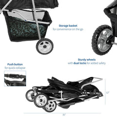 Folding Standard Stroller this durable 3-wheeled stroller provides a safe and smooth ride. Features include three zipper access points
