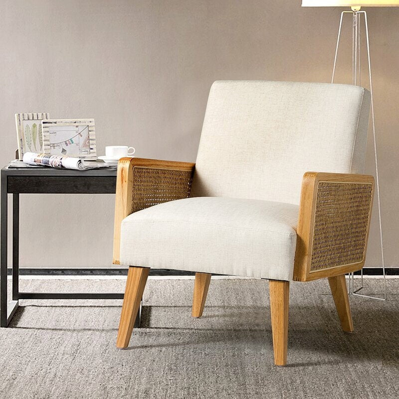 Armchair Solid Birch Wood Legs As Well As Its Curved Rattan-Embellished Arms