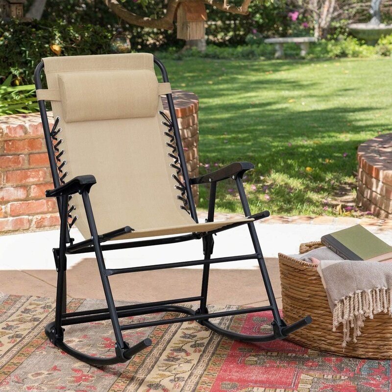 Beige Outdoor Rocking Aluminum Chair with Cushions Outdoor Garden, or Outing, Fishing at The Same Time More Relaxed and Comfortable