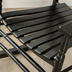 Black Outdoor Rocking Solid Wood Chair Curved Seating Slates, and Armrest for Your Seating Comfort
