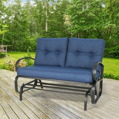 Outdoor Gliding Metal Bench with Cushions Comfortable and Practical Sitting Experience. Back and Seat Cushions Provide More Comfort