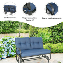 Outdoor Gliding Metal Bench with Cushions Comfortable and Practical Sitting Experience. Back and Seat Cushions Provide More Comfort
