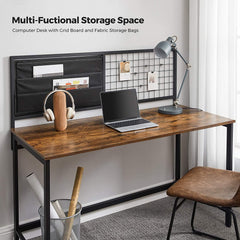 VASAGLE Computer Desk, Study Writing Desk for Home Office with Grid Board and Fabric Storage Bags Industrial Style PC Laptop Table 53.9 Inch