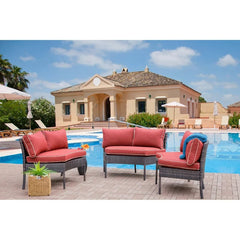 Red Outdoor Curved Patio Sectional with Cushions Perfect Setting to Host a Party or Lounge with the Family.