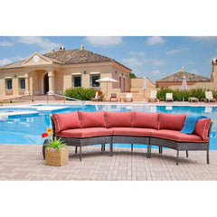 Red Outdoor Curved Patio Sectional with Cushions Perfect Setting to Host a Party or Lounge with the Family.