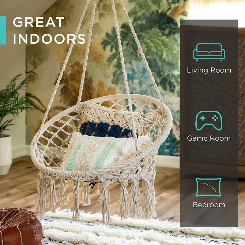 Macrame Cotton Porch Swing Hanging Cotton Rope Swing Chair, Comfortable Hanging Chairs for Indoor, Outdoor, Home, Patio, Yard