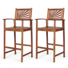 2 Pieces Outdoor Acacia Wood Bar Chairs with Sunflower Backrest and Armrests Perfect for Both Indoor and Outdoor