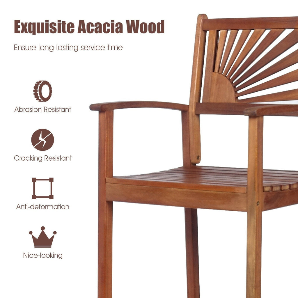 2 Pieces Outdoor Acacia Wood Bar Chairs with Sunflower Backrest and Armrests Perfect for Both Indoor and Outdoor