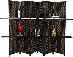 4 Panels Room Screen Divider Hand-Woven Design Room Divider 6 Ft High Fiber Freestanding Privacy Wooden Removable Shelves Screen, Brown